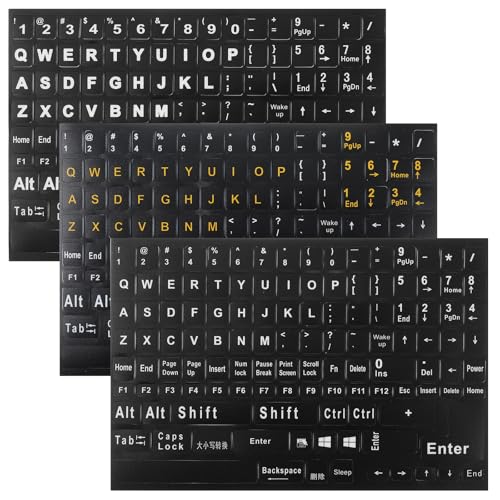 3 PCS English Keyboard Stickers Big Letter Full Set, Universal Computer Laptop Replacement Large Keyboard Stickers Matte English Keyboard Alphabet Sticker Black Background with White Lettering