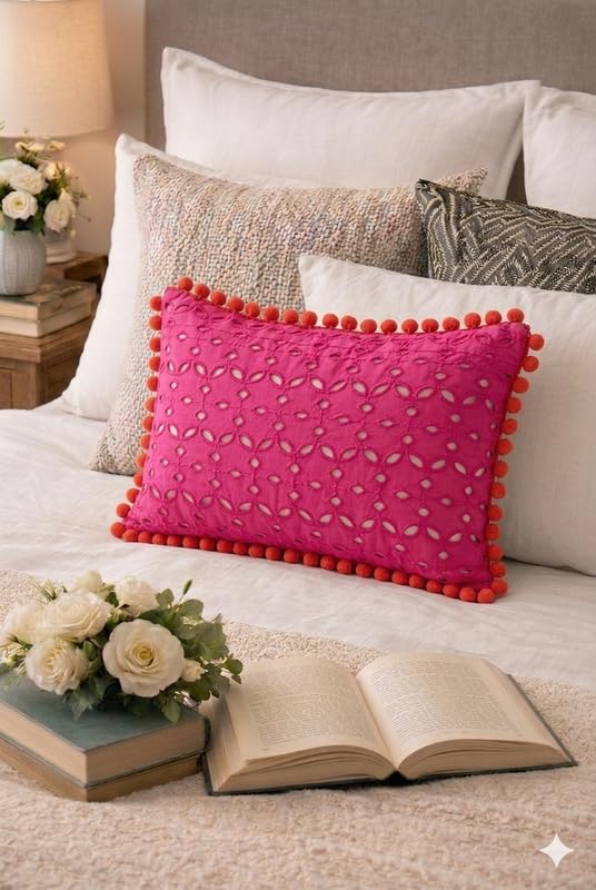 WWW.THROWPILLOW.IN Hot Pink Cutwork Cushion Cover with Orange Pom Pom Trim, Cotton Blend Decorative Pillow Cover for Sofa Living Room Boho Styling Rectangular Cushion 12x18 Inches-image-41