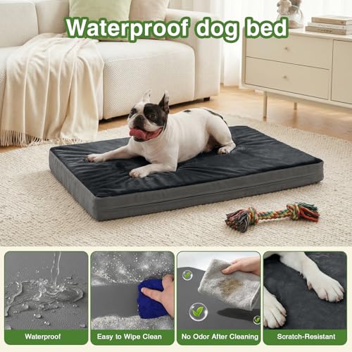 Image of Waterproof Dog Bed Medium Size Dog, Washable Orthopedic Foam Crate Pad 30 inch | Outdoor Pet Bed, Reversible Faux Leather & Flannel, Durable Removable Cover, Anti-Slip Kennel Pad 29 inchx18 inch Dark Gray