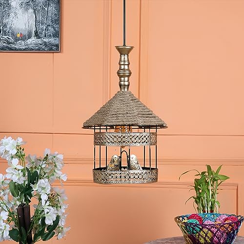 Image of DECOHOME Modern Hanging Ceiling Lamp Lights for Home & Decor | Premium Finish Pendant Light for Living Room, Bedroom & Dining Area | Stylish Indoor Lighting | Chandelier Lights (Birds in Cage-Gold)