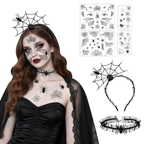 ROEOWENE 6 unidades diadema Halloween mulher menina diadema de lustre acessórios Halloween acessórios para o cabelo com 4 tatuagens temporárias disfarce lustre diadema de teia para carnaval, toque de