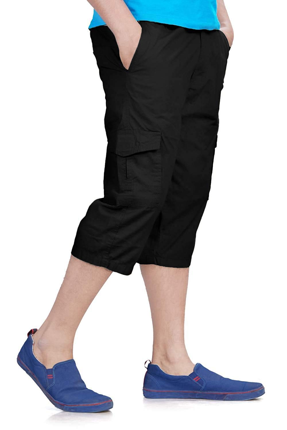 V3E Men's & Boy's Cotton Regular Fit Plain Capri (Black)-(32)