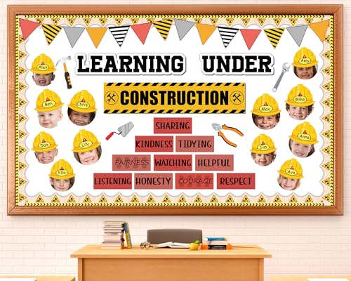 Image of gisgfim Construction Bulletin Board Decorations Learning Under Construction Paper Cutouts DIY Photo Helmet Motivational Bulletin Board Set for Back to School Teacher Classroom Wall Decor Supplies