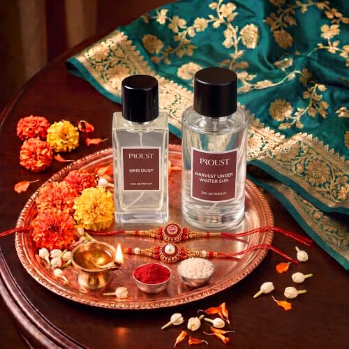 Image of PROUSTFRAGRANCES Harvest Sun Perfume 100ml Raksha Bandhan Gift Set | Gris Dust EDP 50ml, 2 Designer Rakhis & 1 Tester included | Luxury festive perfume featuring warm floral and aquatic notes