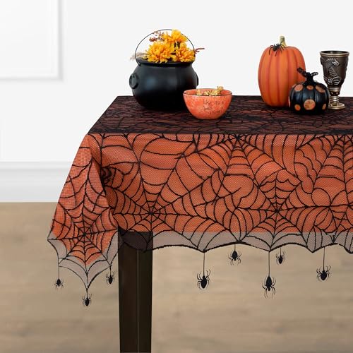 Image of Crawling Halloween Spider Lace Lined Tablecloth, Black - 60 inch W x 84 inch L