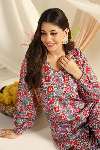 Image of DHRUVI TRENDZ Co Ord Set for Women Stylish | Ethnic Cotton Casual Cord Set | Stylish Summer Kurta & Pant Set | Casual Daily Outfit Night Suit for Women | Full Sleeve Top with Relaxed Fit Trousers