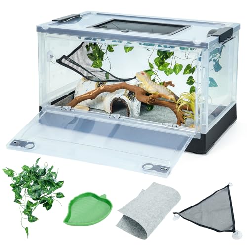BINANO Big Foldable Reptile Terrariums, Snake Tanks, and Enclosures for Bearded Dragons, Iguanas, Lizards, Crested Geckos -Clear Views, High-Temperature Resistant Iron Mesh Ventilation (Black, 22'')
