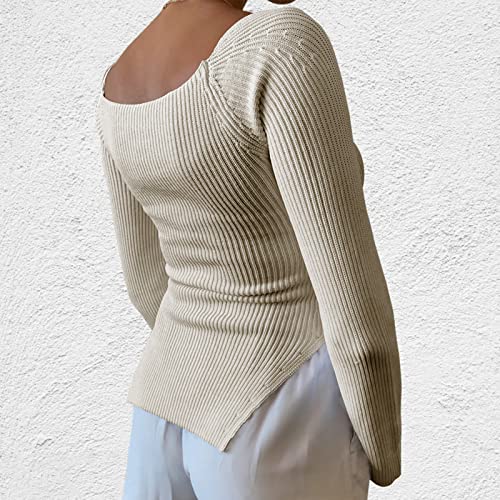 Image of Women's Square Neck Ribbed Knitted Sweater Long Sleeve Crop Slim Fitted Basic Pullover Tops