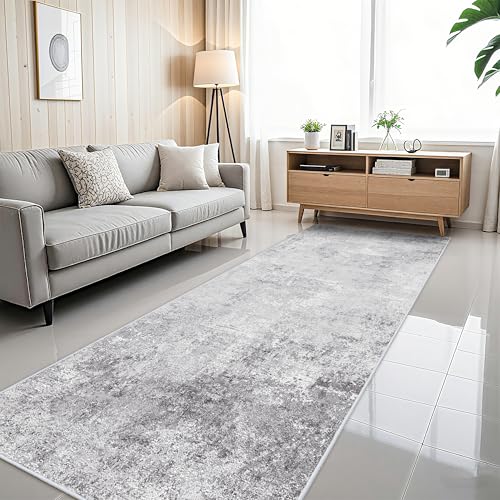 Washable Wide 4x12 Runner Rug - Abstract Runner Rugs for Living Room Stain Resistant Entryway Indoor Carpet for Kitchen Bedroom Non Slip Rubber Backing Ultra Thin Soft Home Decor Floor Mat 4x12 Grey