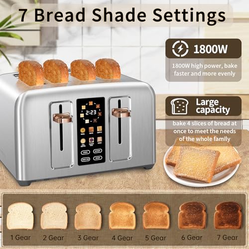 Image of SEEDEEM Toaster 4 Slice, Stainless Toaster & Touch Control, LCD Display, 6 Bread Type, 7 Shade Settings, 1.5'' Wide Slots, Cancel /Defrost /Reheat, Removable Crumb Tray, 1800W, Silver Metallic