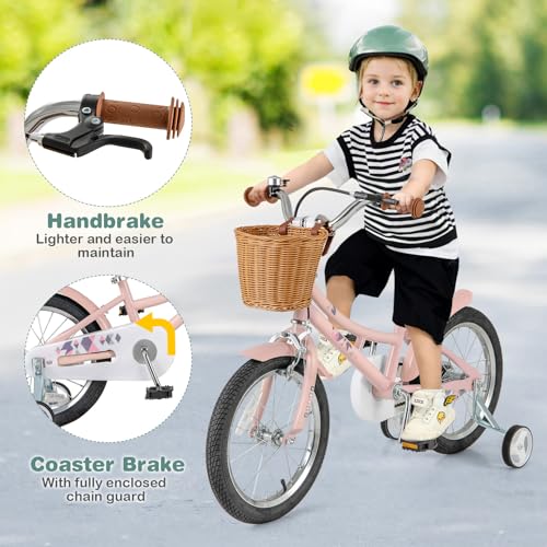 Image of BABY JOY Retro Kids Bike, 12 14 16 18 Inch Child Bike for 3-8 Years Old w /Rattan Basket, Adjustable Height, Training Wheels, Fenders, Handbrake Coaster Brake, 95% Pre-Assembled Kids Bicycle for Girls