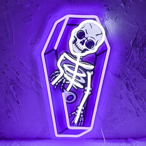 Image of Halloween Coffin Skeleton Neon Sign Spooky Skeleton Neon Light LED Macabre Room Decor Sign USB Powered, for Halloween Party Haunted House Tattoo Shop Creepy Spooky Room(16.1 * 9.4 In)