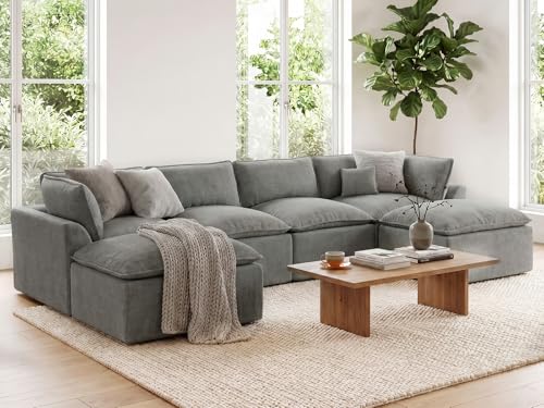 Image of COSIEST 139'' Boneless Sectional Couch, Modular Sectional Sofa with Ottoman, 6 Seater U Shaped Cloud Couch for Living Room, Grey