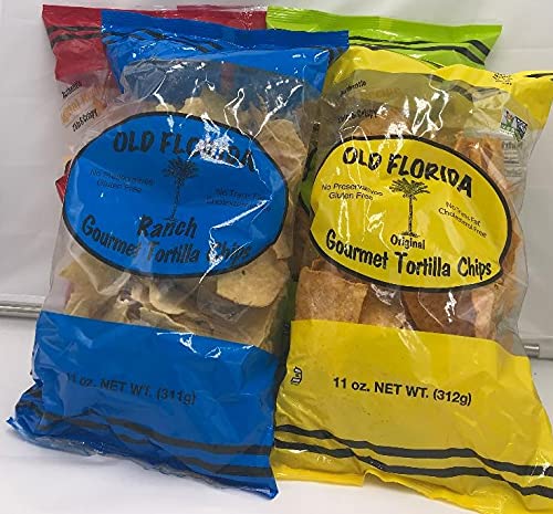 Old Florida Gourmet Chips de tortilla  Paquete variado de cuatro (4)  Incluye tortillas originales, sensación de lima, agradables y picantes y