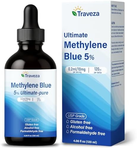 Traveza Methylene Blue Pharmaceutical Grade 4.06 fl oz, USP Grade Methylene Blue Drops 5%, Third-Party Tested Dietary Supplement for Humans, No Formaldehyde, Glass Bottle