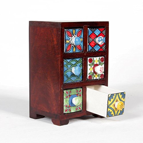 Image of 6-Drawer Wooden Chest | Handcrafted Mini Storage Organizer with Assorted Ceramic Drawers | Traditional Indian Design for Home, Kitchen, Office - 13.75x12x18 cm