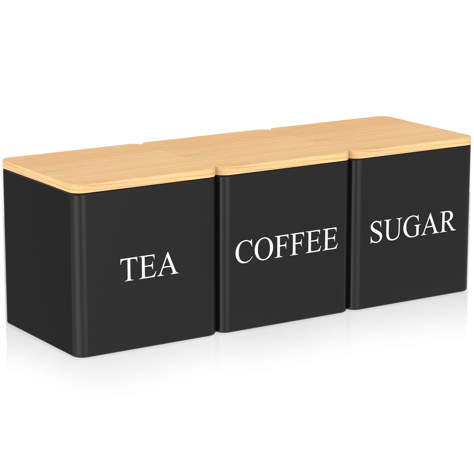 Nzwbshssp Black 3Pcs Tea, Coffee And Sugar Canister Set 500Ml Storage Container With Bamboo Lids - Metal Kitchen Tin Caddy For Home Kitchens (Black)