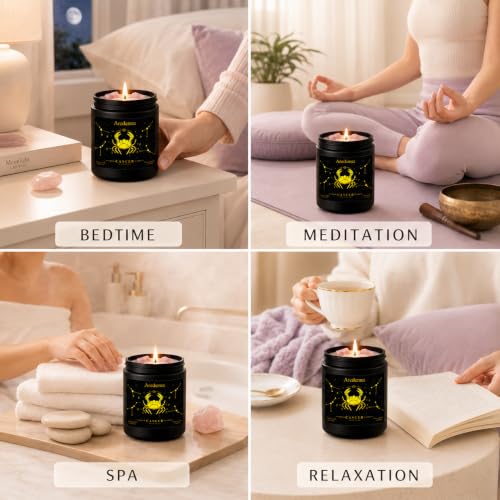 Image of Cancer Zodiac Candles with Pink Opal Crystals, Cashmere Lavender | Astrology Cancer Birthday Gifts for Women Men, Black Gift Box, 7 oz Soy Candle, 50 Hour Burn Time, Black Jar
