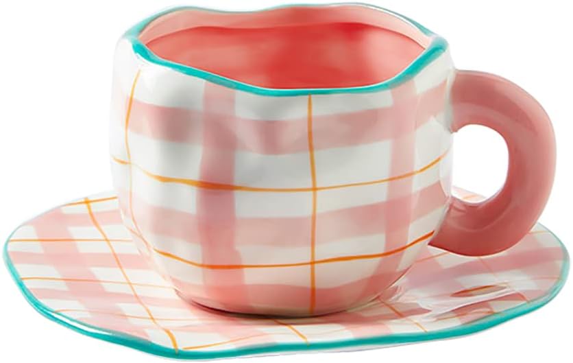 Noviko Flower Coffee Mug Pink Fancy Cup with Saucer Set for Women 10 oz