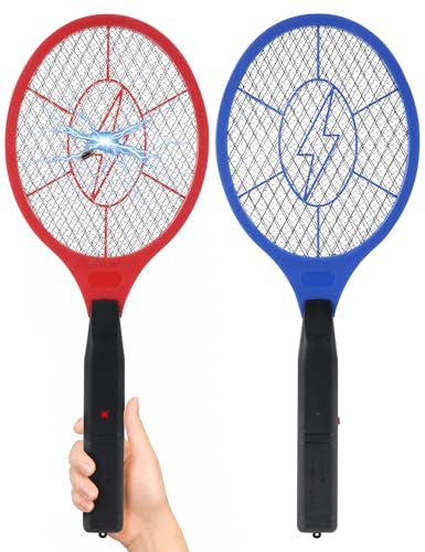 Electric Fly Swatter 2 Pack (Red & Blue), Battery Powered Bug Zapper Racket for Mosquitoes & Flies, Safe Protective Mesh, Indoor & Outdoor Use, Batteries Not Included