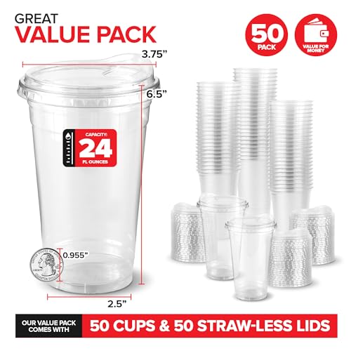 24 oz Clear Plastic Cups with Lids Disposable, Togo Drinking Cup with Strawless Sip Lid for Smoothie, Cold Brew Iced Coffee, Lemonade, Ice Latte, Boba, Party Drinks, Bulk, 24 Ounce (Set of 50)