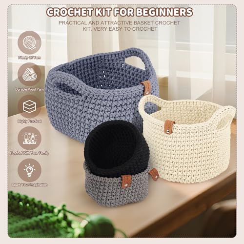 Aeelike 2Pcs Square Häkelkorb Häkelset für Anfänger, Starter Häkelset mit Häkelnadeln 4,5mm 4,0mm, 4 Häkelgarn, Zubehör, Praktisch Häkeln Set Häkelpaket mit 3-Sprachen-Anleitung, Dunkelgrau