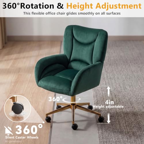 Image of FOXHUNTER Vanity Chair with Ergonomic Back & Wheels, 360 Swivel Accent Chair, Adjustable Height Home Office Chair for Living Room, Bedroom (Velvet, Green)