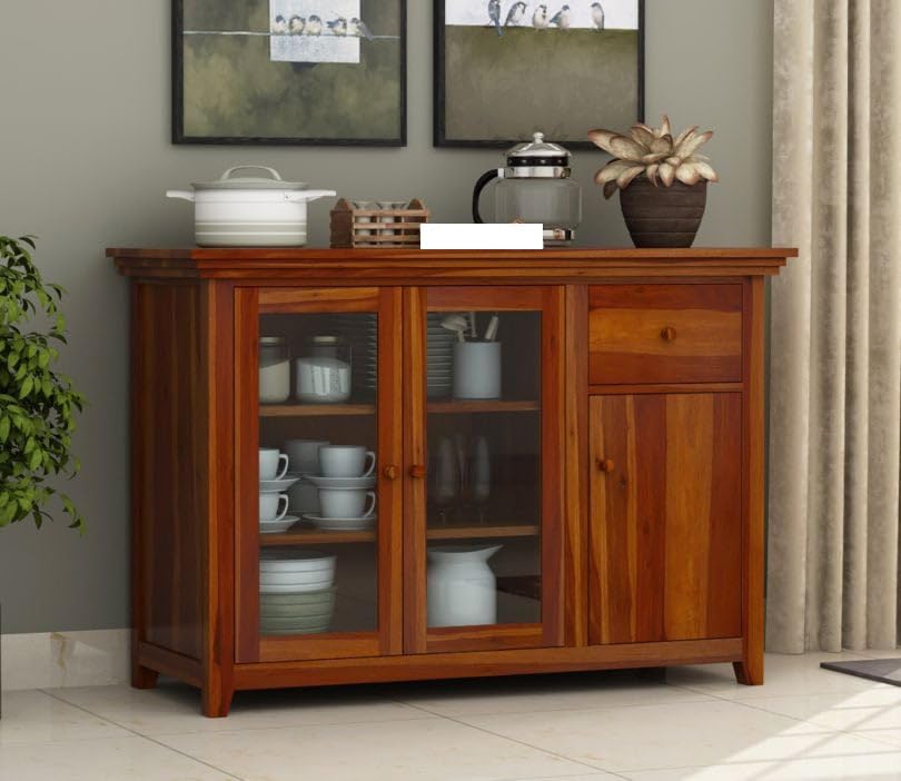 SHUBHANKAR ART Sheesham Wood Kitchen Crockery Cabinet with Glass Door, Kitchen Storage Cabinet Racks, Home Furniture, Wooden Chest of Drawers, (Honey Finish)