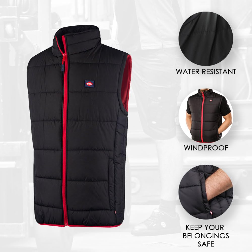 Lee Cooper Arbeitskleidung Herren Arbeitssicherheit Leichte Padded Vest Gilet Warmer mit Kontrastnähten, Schwarz, M