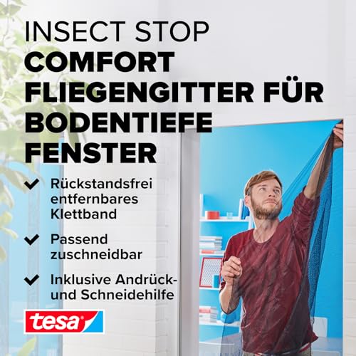 tesa Insect Stop COMFORT Fliegengitter für bodentiefe Fenster - Insektenschutz selbstklebend - Fliegen Netz ohne Bohren - 120 cm x 240 cm - Anthrazit (Durchsichtig)