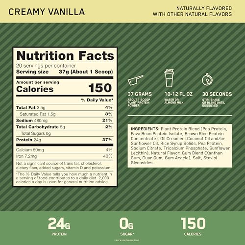 Image of Optimum Nutrition Gold Standard 100% Plant Based Protein Powder, Gluten Free, Vegan Protein for Muscle Support and Recovery with Amino Acids - Creamy Vanilla, 20 Servings (Packaging May Vary)