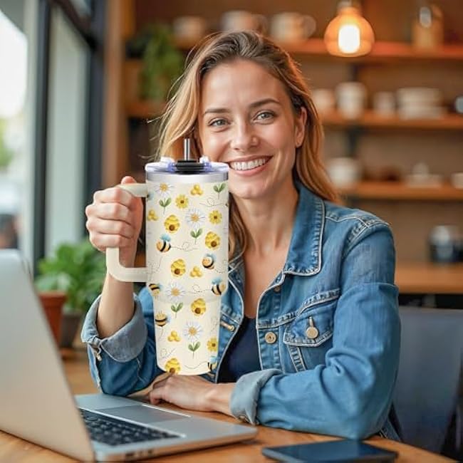 Bees Tumbler with Handle - 40oz Stainless Steel Travel Mug Insulated Coffee Cup, Bee Gifts for Women, Bees Gifts for Bee Lovers Woman Birthday (with Lid and Straw)