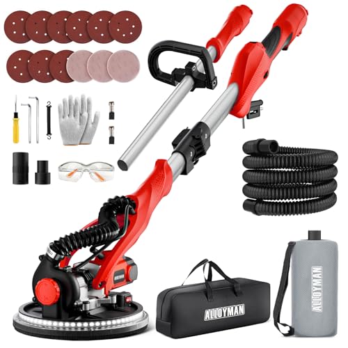 Alloyman Drywall Sander, 1050W Electric Wall Sander with Vacuum Dust Collection, 2100RPM with 7 Variable Speed, Foldable & Extendable Handle, Double-Deck LED Light, Dust Bag and Hose