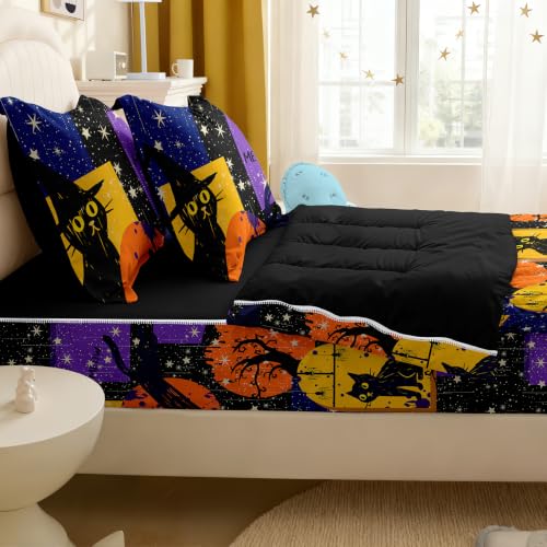 Image of Kids Comforter Set,Zipper Bedding Twin for Teen,Black Cat Printed Comforter Set with Fitted Sheets and Pillowcases for All Season(Black Cat Twin)
