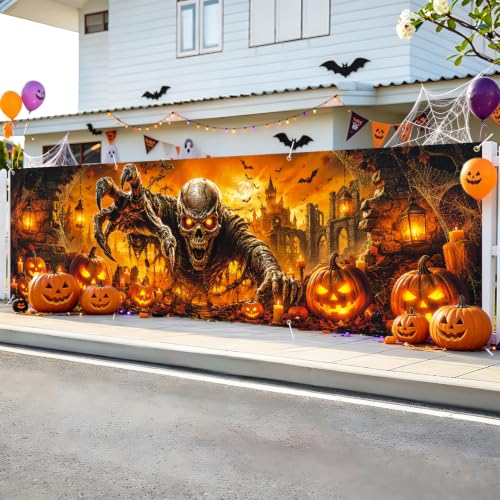 Image of Halloween Banner 118x35.4 Inch Scary Skeleton Pumpkin Party Decoration Backdrop, Creepy Skull Jack O Lantern Outdoor Yard Sign for Festival Celebration, Fence Wall Porch Indoor Outdoor
