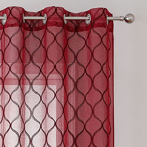 Bujasso Red Sheer Curtains 84 Inch Embroidered Geometric Pattern Light Filtering Window Panels For Living Room Bedroom Modern Moroccan Window Treatment Set Voile Red Drapes Grommet Top W38 Xl84 X2 #TOP6
