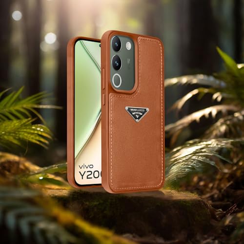 Image of Vaku Luxos Nyxen Back Cover Case for Vivo Y200 5G Premium Leather Stitched Soft Shockproof Protective TPU Phone Case Camera Screen Protector- Brown