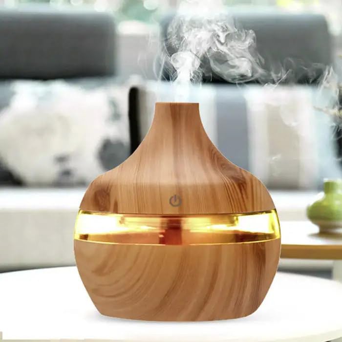 mobigon Wood Cool Mist Ultrasonic Humidifier for Room Moisture, Aroma Diffuser for Home, 300ml Essential Oil Diffuser with 7 Colorful Night Light, Auto Shut-Off, Home, Office, car (D.Light Brown)