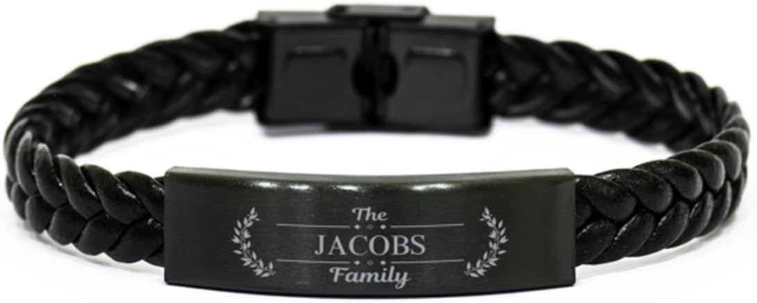 Jacobs Family Name Sign Braided Leather Bracelet - Custom ID Plate Last Name Bracelet Birthday Christmas Gifts Idea For Friends Men Women, Engraved Adjustable