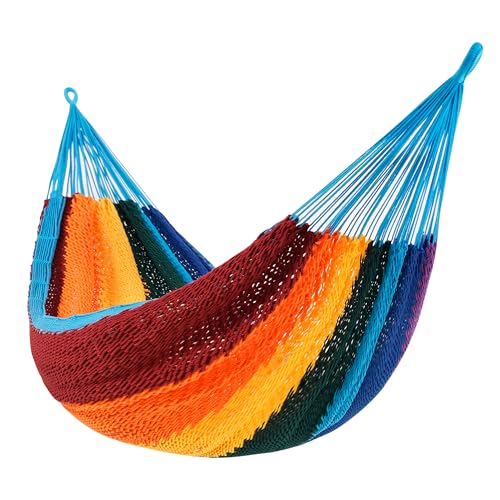 Image of Lazy Daze Hammocks Handwoven XL Mayan Hammock, 10.5 FT Soft Rope Double Hammocks, Portable Outdoor Hammock with Carry Bag, 2 Straps & Carabiners for Patio Outside, 550 lbs Weight Capacity, Rainbow