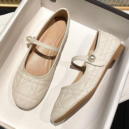 LUXINYU Mary Jane Shoes for Women Fashion Argyle Upper Round Toe Hook and Loop Ankle Strap Ballet Flats Comfortable Work Flats Daily Dress Shoes2