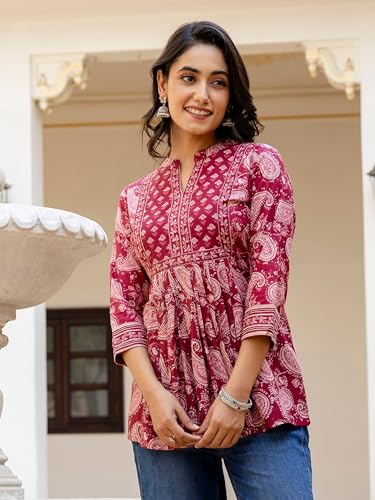 Image of Arayna Women's Pure Cotton Paisley Printed Tunic Top - Comfortable Everyday Wear