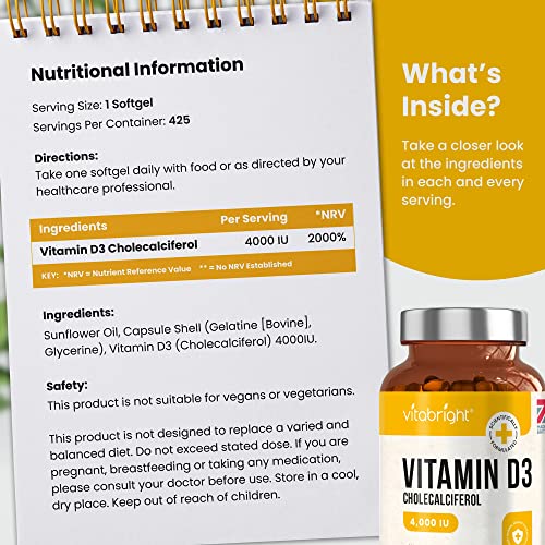 Vitamin D3 4000 IU Daily | 425 Softgels - 14 Month Supply | High Strength Vitamin D Tablets | Sugar-Free Softgels, NOT VIT D Gummies | VitaBright VIT D3 Supplements for Women & Men - Image 5