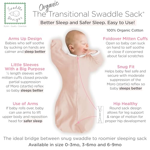 Image of SwaddleDesigns Organic Transitional Swaddle Sack, Arms Up Half-Length Sleeves & Mitten Cuffs, Most Gradual Transition Swaddle