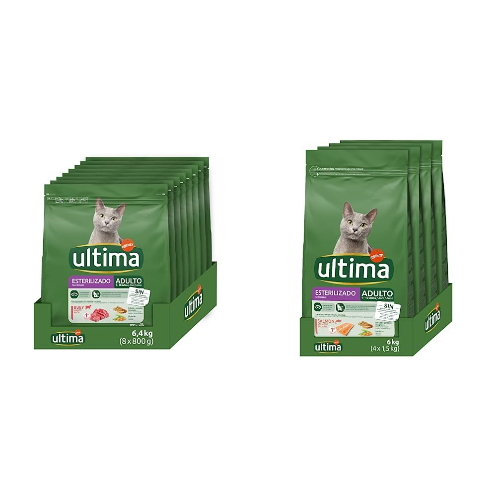 ultima Pienso para Gatos Esterilizados Adultos con Buey, Pack de 8 x 800g - Total: 6.4kg & Pienso para Gatos Esterilizados Adultos con Salmón 4 x 1.5 kg