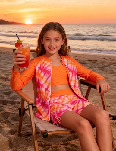 Image of Funnycokid Girls Swimsuit 3 Pieces Zip Rash Guard Bathing Suits Set Kids Bikini Boyshort Summer Swimwear 3-14 Years