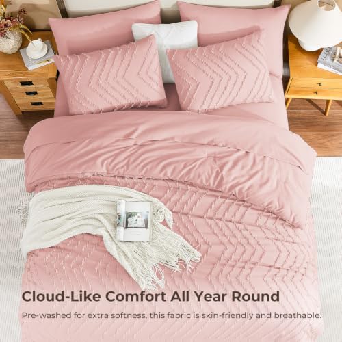 Image of Litanika Blush Pink Queen Size Comforter Set with Sheets - 7 Pieces Bed in a Bag Queen Boho Tufted Complete Bedding Sets with Comforter, Sheets, Pillowcases & Shams