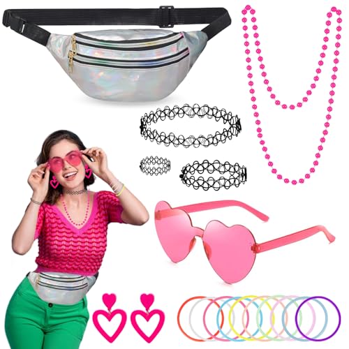 19 Stück 90er Jahre Outfit Neon Party,80er 90er Jahre Outfit Accessoires Damen mit Bauchtasche,Brille,Halskette,Armbänder,Ohrring,Tattoo Kette,80er Jahre Kleidung Damen Set für Karneval Party(Silbrig)
