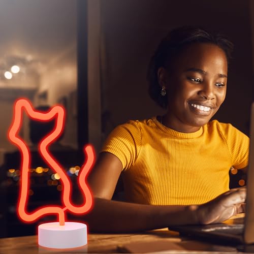 Image of Xtreme Cat Neon Sign, Orange LED Cat Tabletop Sign with Holder Base, Battery Powered, 4 Hour Timer, Desktop Decor for Boys & Girls, Night Light for Boys & Girls Room, Birthday Gift for Boys & Girls