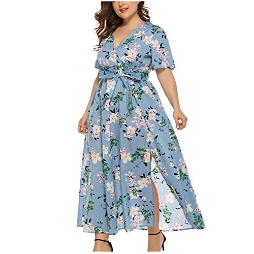 Womens Dresses Summer Casual Trendy Floral Print Plus Size Sundress Empire Waist Wrap V Neck Flowy Beach Maxi Dresses